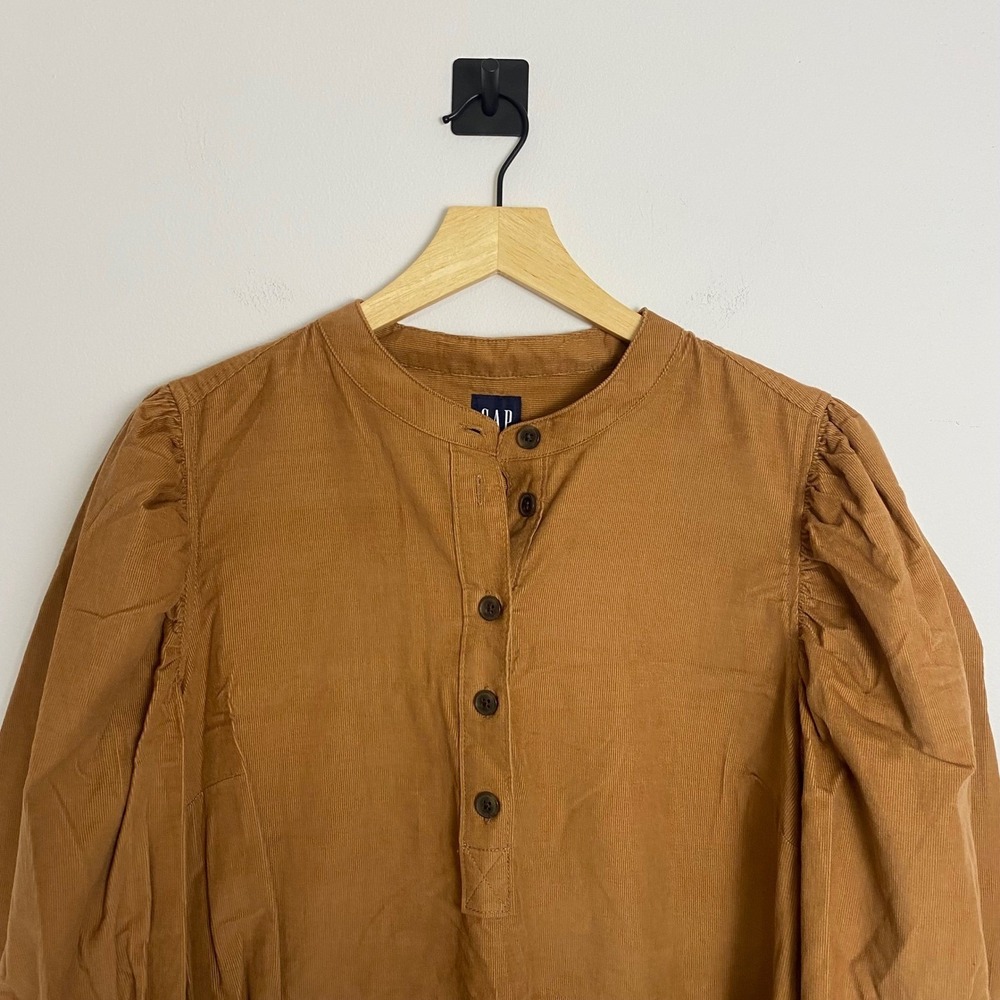 GAP Corduroy Button Up Dress Long Sleeve Pockets Brown Size Medium Puff Sleeve - Picture 3 of 7